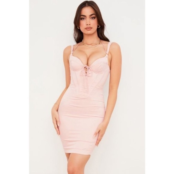 HOUSE OF CB Marsha Ballet Pink Satin Corset Bodycon Mini Dress XS - Picture 1 of 15